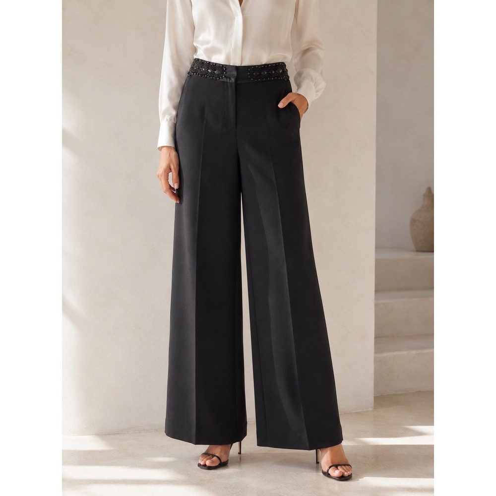 Harold's Evening Pants Womens 6 Black‎ Beaded Waistband Wide Leg Crepe Trousers